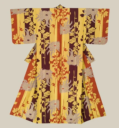 Kimono Yellow Floral Stripe Elegant Ceremonial