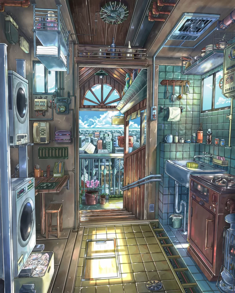 Kitchen Interior Blue Green Cityscape Appliances