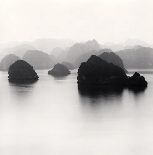 Landscape Misty Silhouetted Islands Calm Reflective Mysterious
