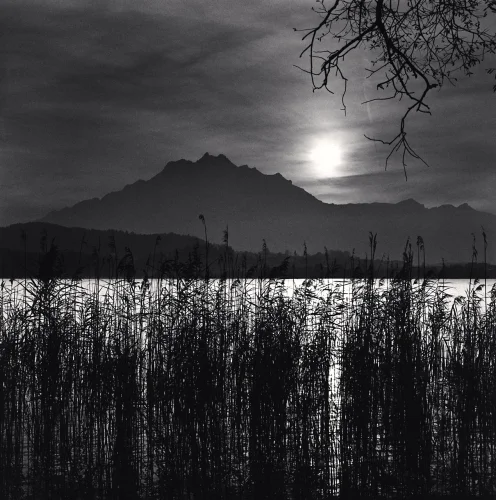 Landscape Moonlit Silhouetted Mountains Reflective Water Dramatic Mysterious