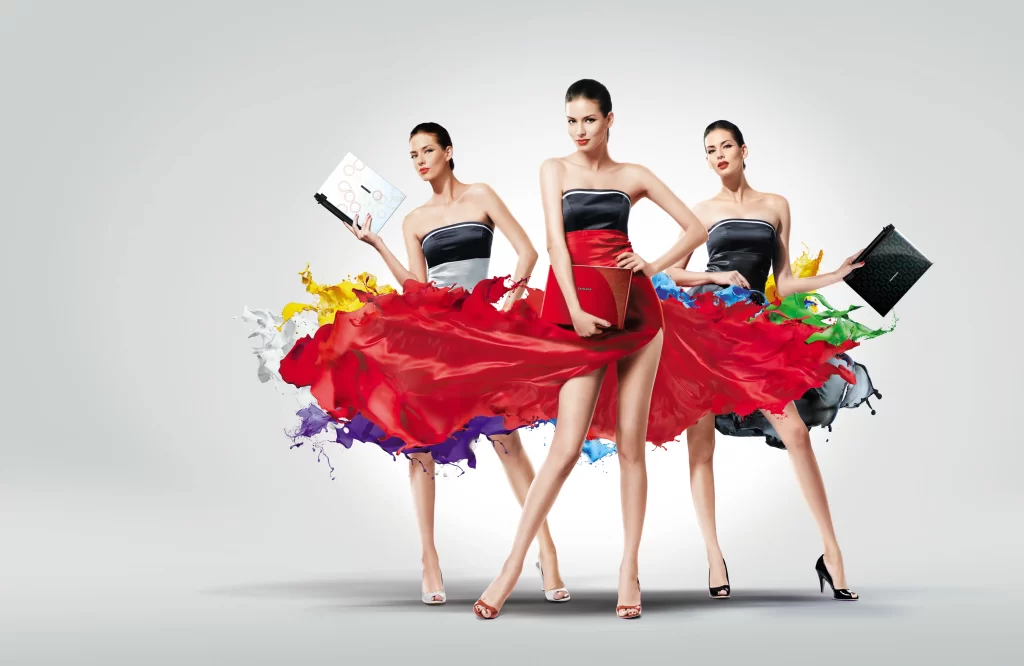 Laptops Fashion Models Colorful Dresses Red Black White