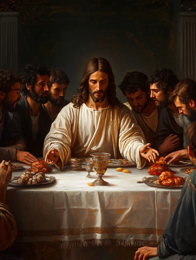 Last Supper White Tablecloth Gold