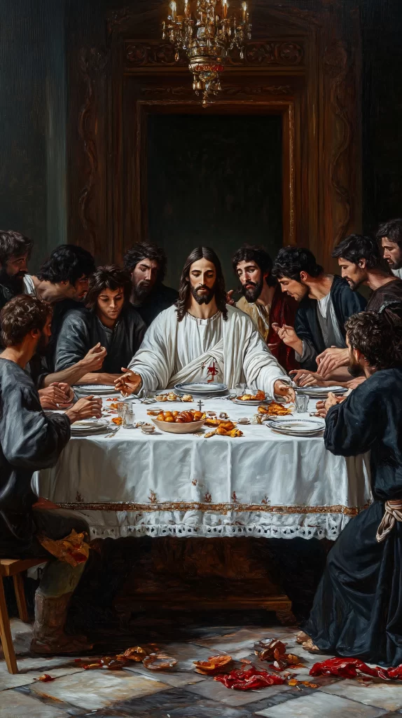 Last Supper White Tablecloth Golden