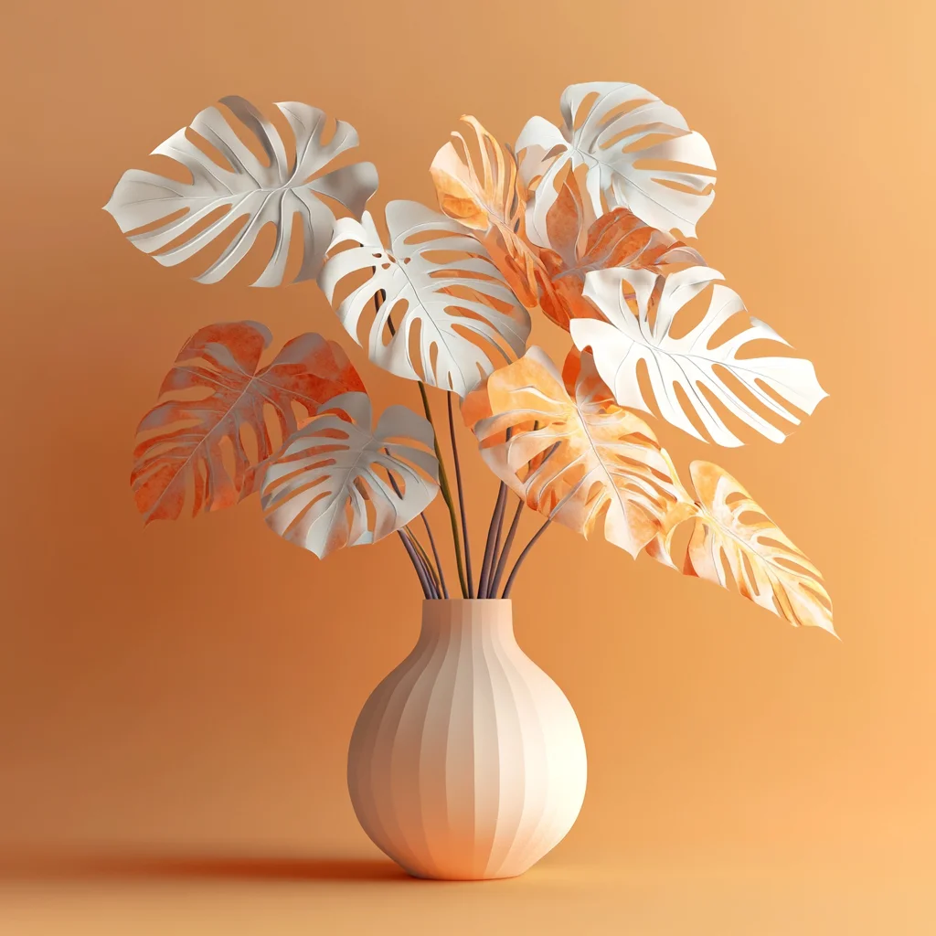 leaves monstera yellow art vase orange paper 3D