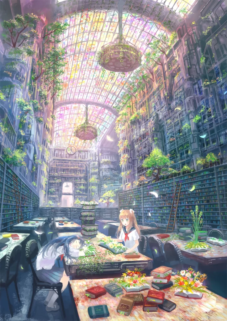 Library Nature Books Fantasy Colorful Dreamlike