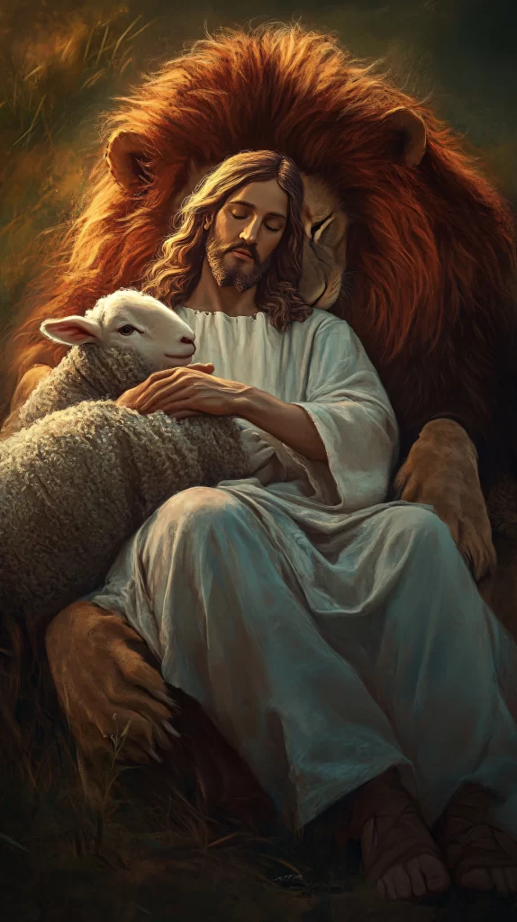 Lion Lamb Peaceful Embrace