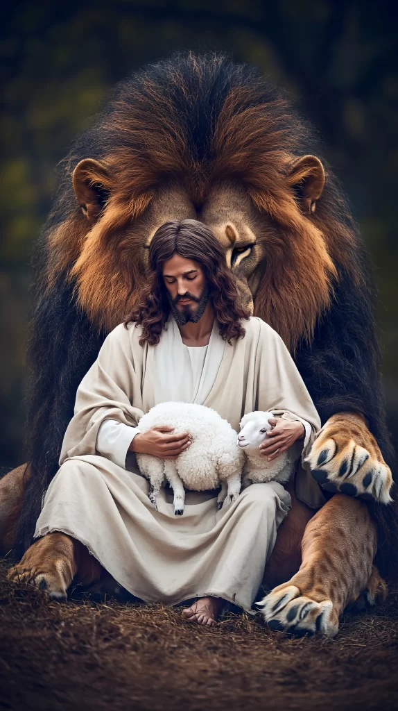Lion Lamb Peaceful Scene