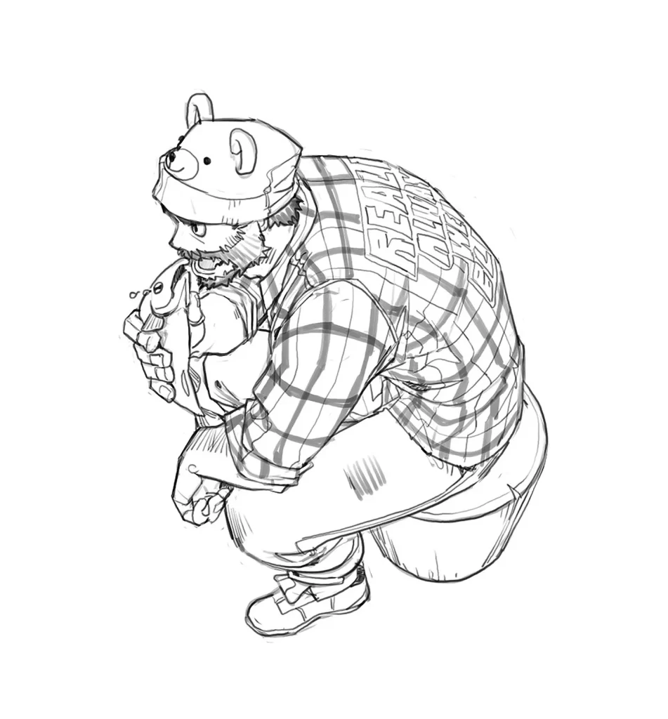 Man Plaid Shirt Bear Hat Squatting