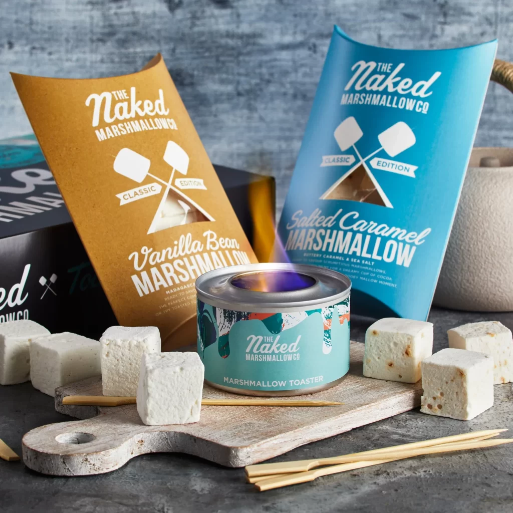 Marshmallows Packaging Blue Gold Rustic