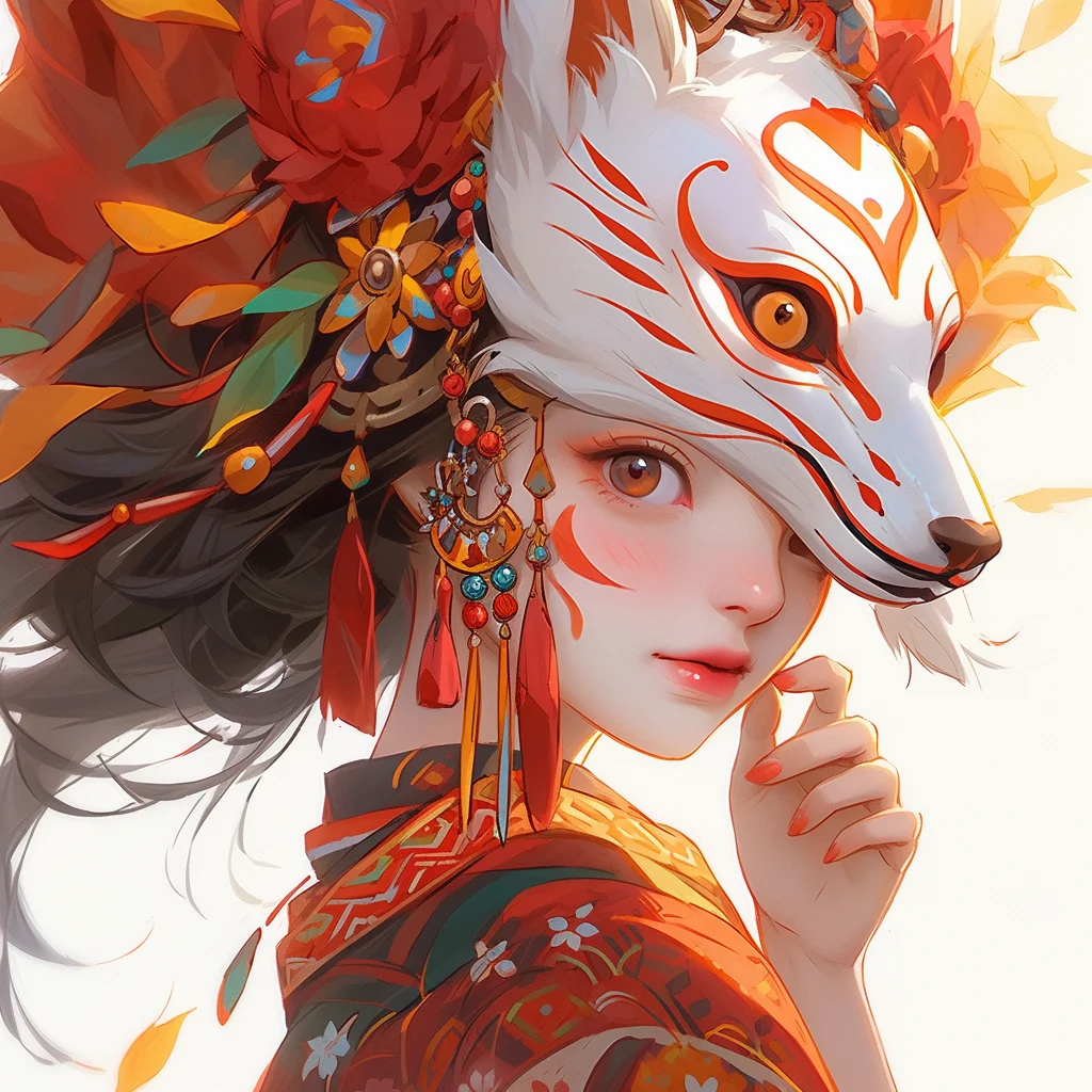 mask lady animation demon face fox Japanese girl portrait colorful woman beautiful cartoon