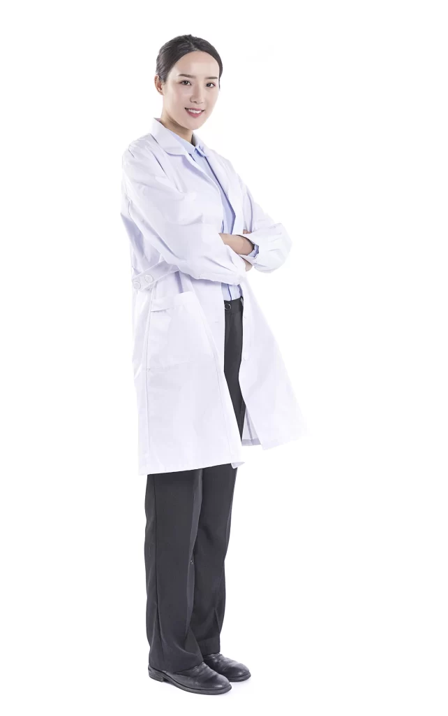 Medical Professional White Coat Blue Shirt