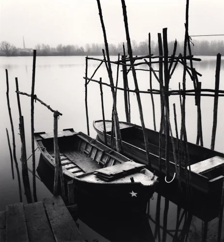 Minimalist Boats Water Reflections Poles BlackWhite
