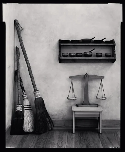 Minimalist Broom Scales Shelf Dramatic High Contrast