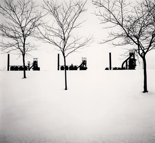 Minimalist Industrial Silhouettes Snowy Landscape