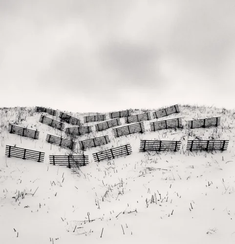 Minimalist Snowy Fence Dramatic High Contrast Landscape