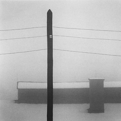 Minimalist Snowy Pole Buildings Dramatic Atmospheric