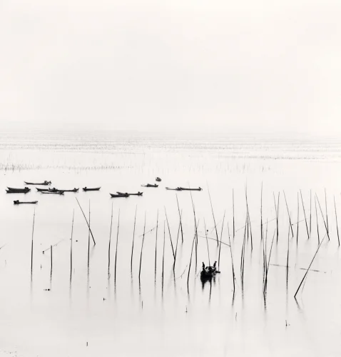 Minimalist Water Poles Boats Calm Reflective