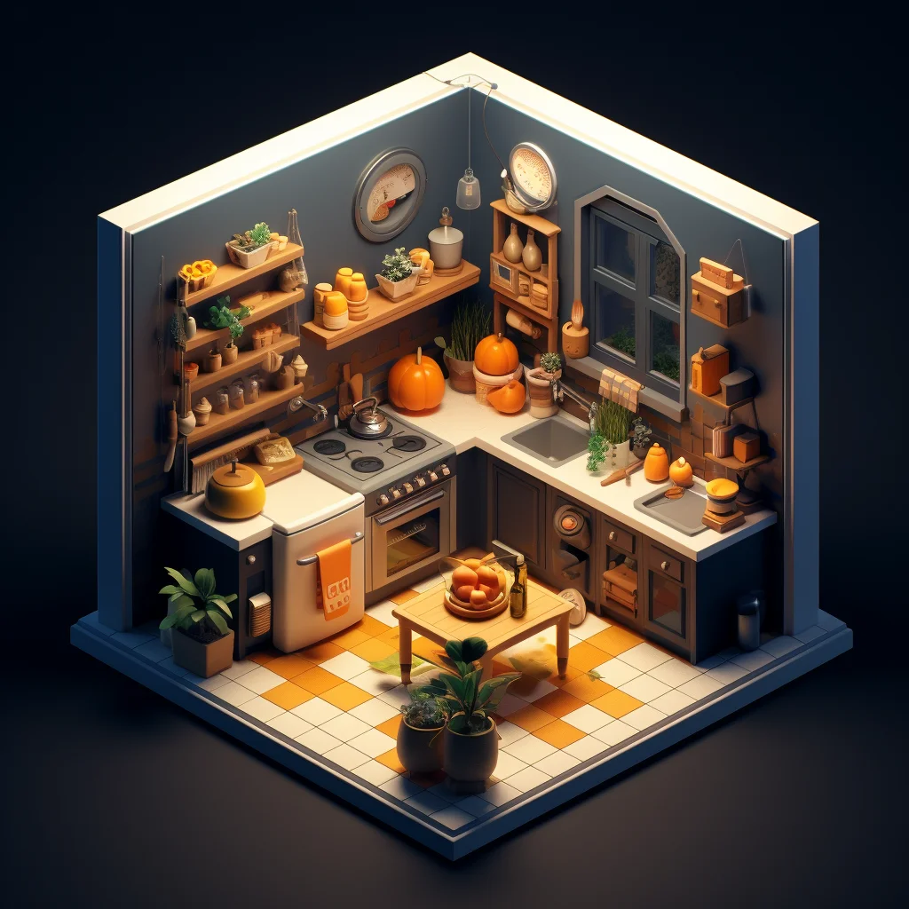 model home indoor scene kitchen isometric 3D space