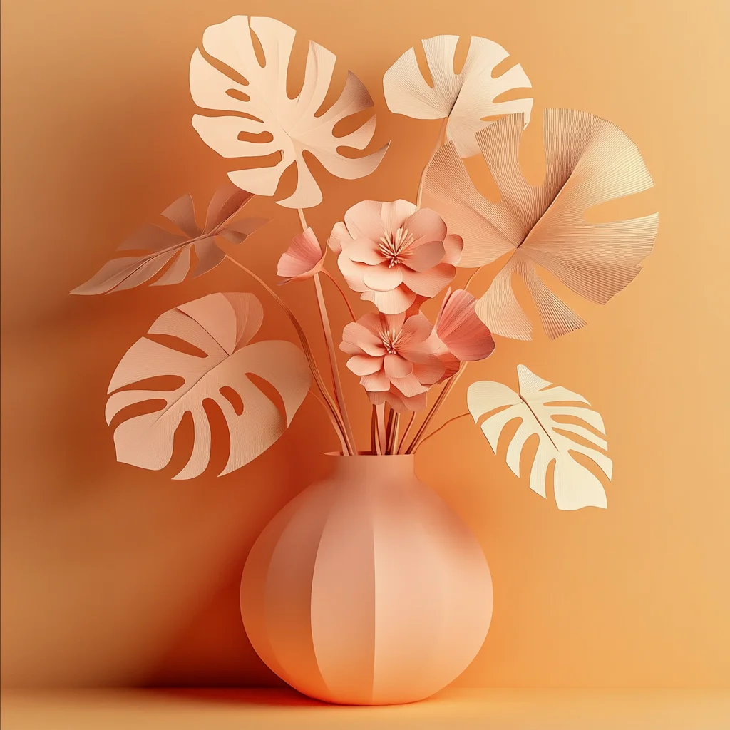 monstera vase paper leaves yellow art 3D orange