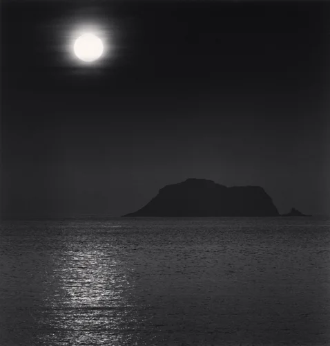 Moonlit Seascape Silhouetted Island Reflective Water High Contrast Mysterious