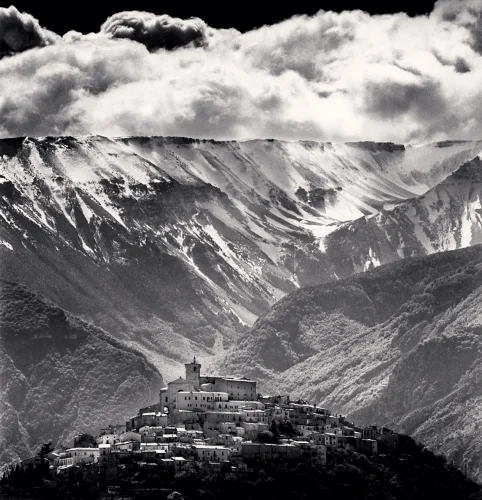 Mountain Village Snowy Peaks Clouds High Contrast Dramatic