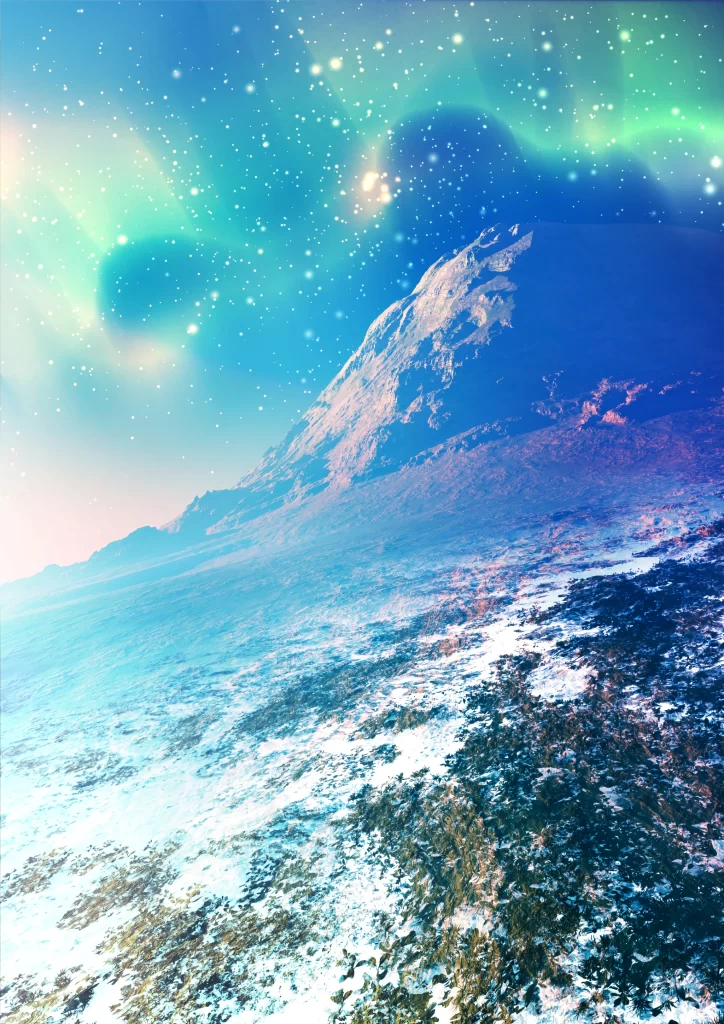 Mountainous Terrain Snowy Peaks Starry Sky