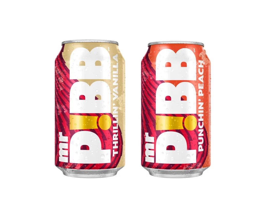 Mr Pibb Thrillin’ Vanilla, Punchin’ Peach Can Packaging