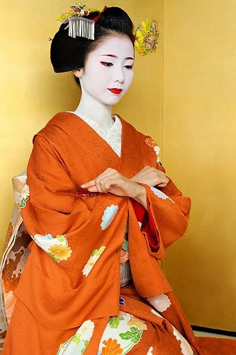 Orange Floral Kimono Silk Flower Elegant Ceremonial