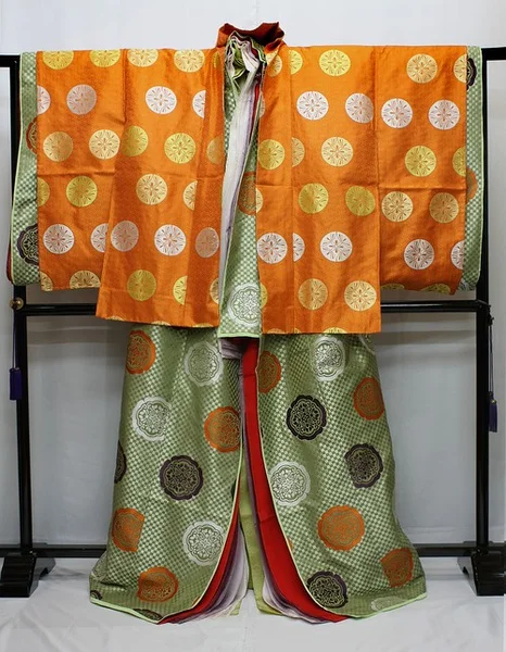 Orange Geometric Kimono Silk Circle Motif Festive Ceremonial