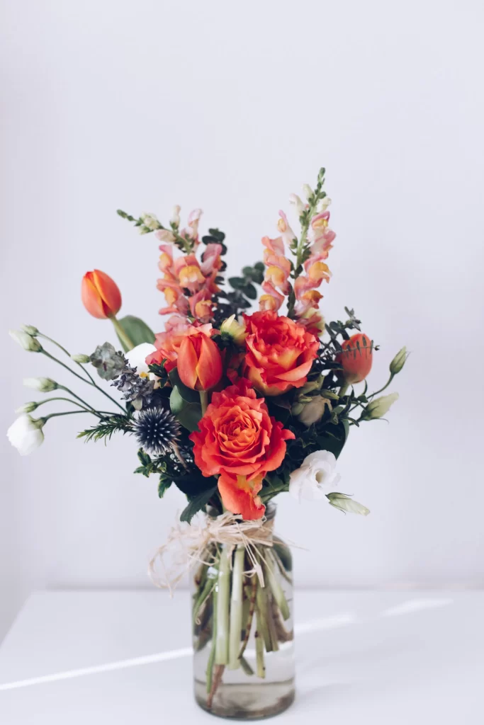 Orange Roses Tulips White Flowers Greenery Vase