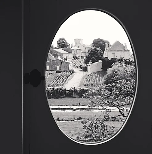 Oval Window View Village Buildings Trees Dramatic High Contrast
