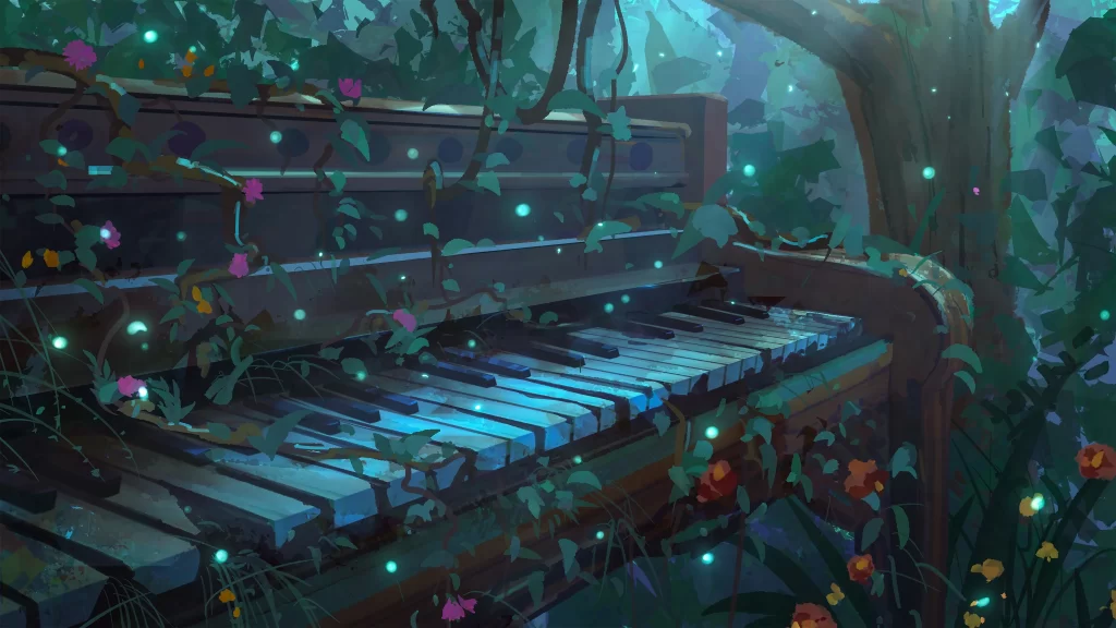 Piano Greenery Flowers Blue Fantasy Enchanted