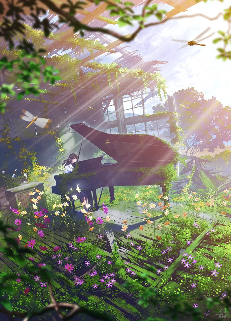 Piano Player Greenery Flowers Sunlight Fantasy