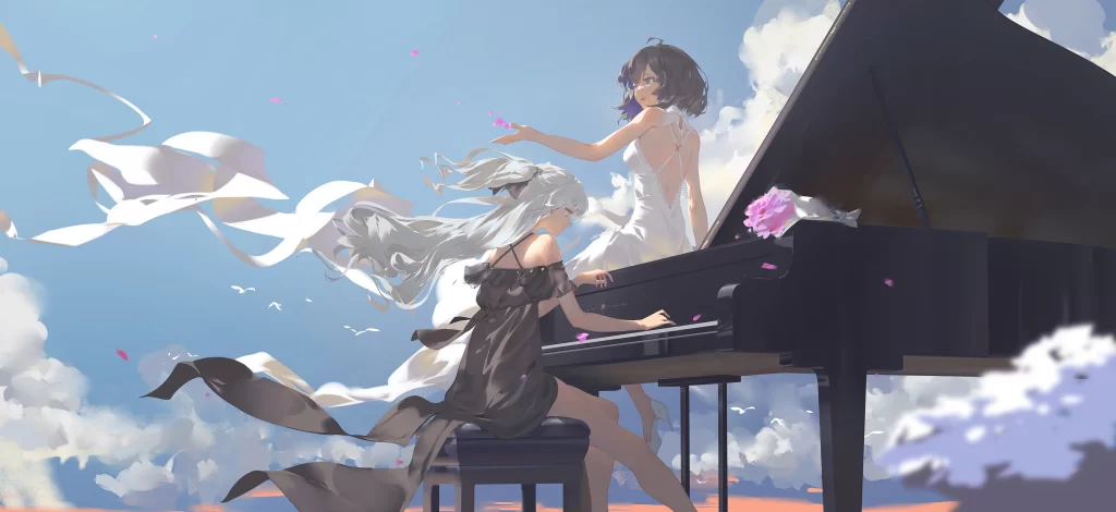Piano Players White And Black Dresses