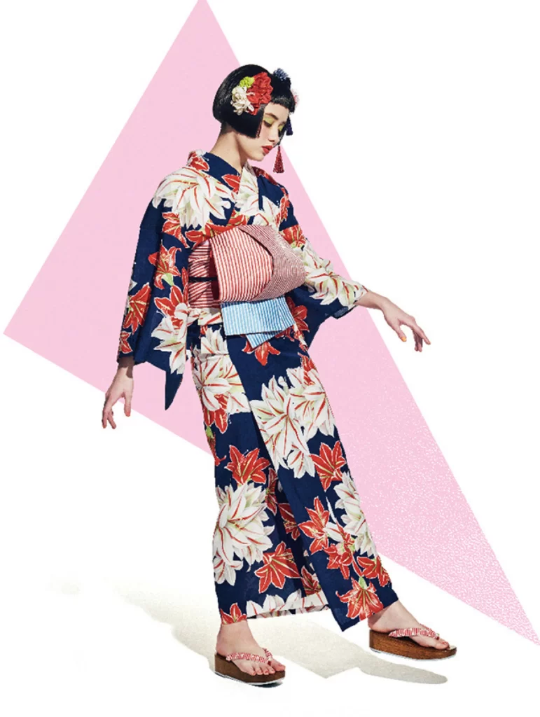 Pink Blue Striped Floral Kimono