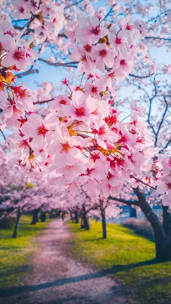 Pink Cherry Blossom Petals Branches Pathway