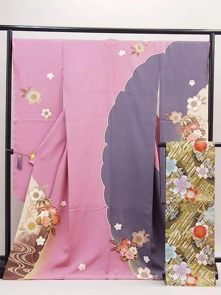 Pink Floral Kimono Silk Cherry Blossom Elegant Ceremonial