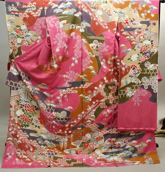 Pink Floral Kimono Silk Cherry Blossom Geometric Festive