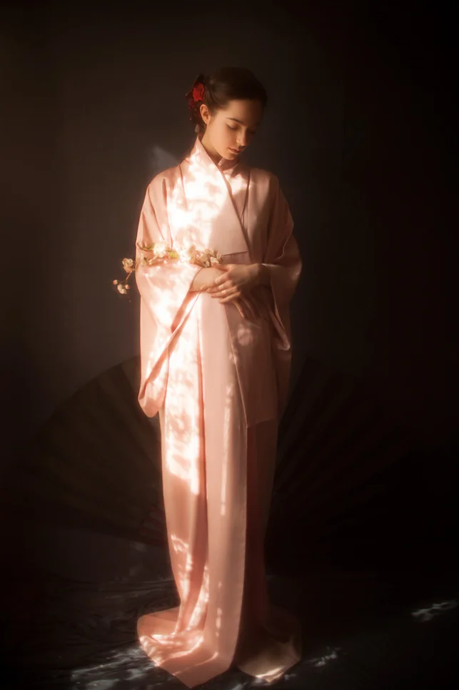 Pink Floral Kimono Silk Cherry Blossom Elegant Ceremonial