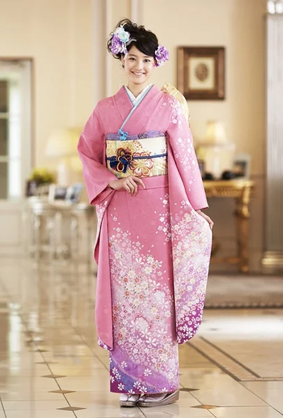 Pink Floral Kimono Silk Cherry Blossom Elegant Ceremonial