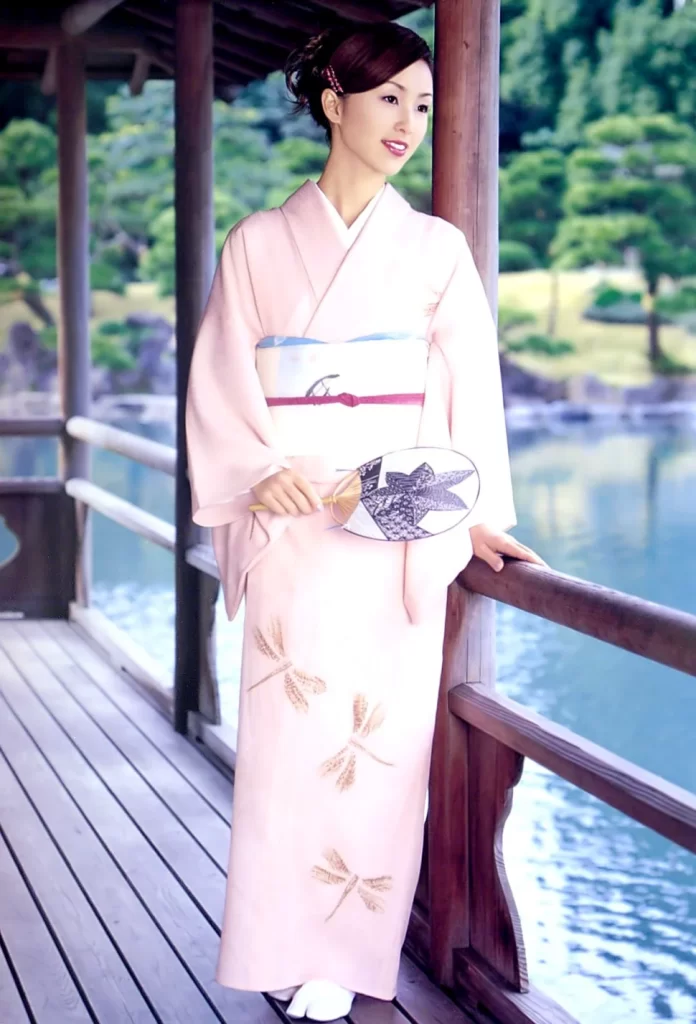 Pink Floral Kimono White Obi Stripe Elegant Garden