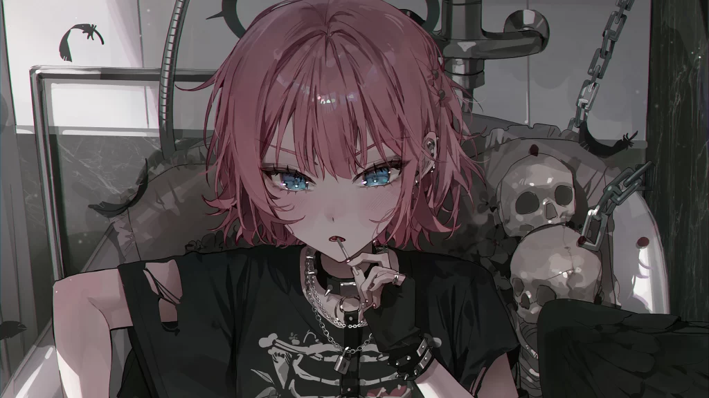 Pink Hair Black Clothing Gothic Skulls