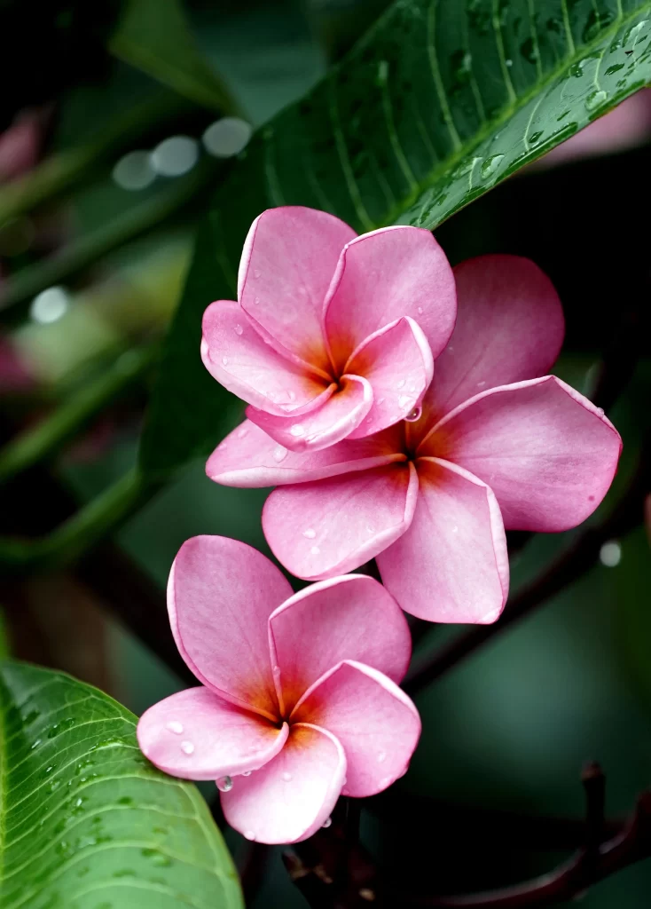 Pink Plumeria Petals Dewdrops Green gray Leaves