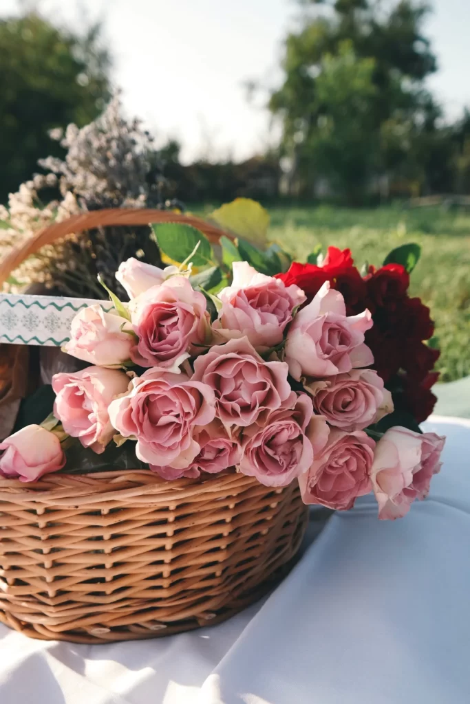 Pink Roses Basket Blooms Greenery