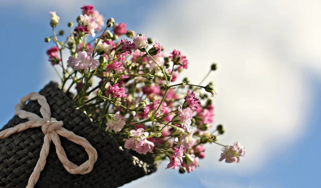 Pink White Bouquet Basket Blooms