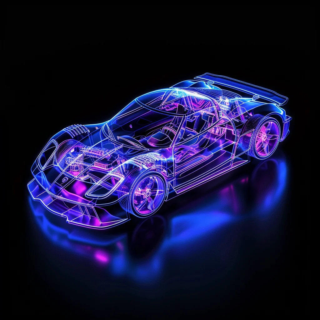purple sports car roadster 3D blue transparent structure