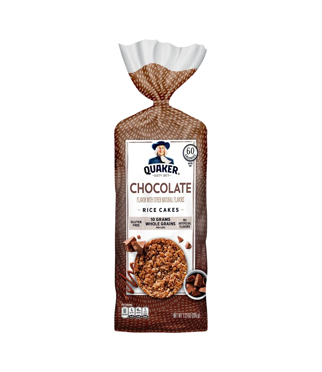 Quaker Rice Cakes chocolate flavor brown packaging design