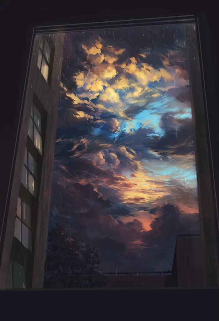Rainy Sky Blue Yellow Clouds Building