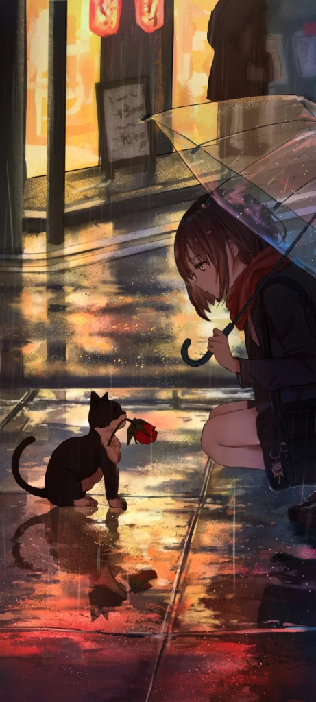 Rainy Street Black Cat Rose Girl