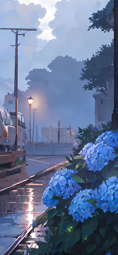 Rainy Street Blue Flowers Evening Light
